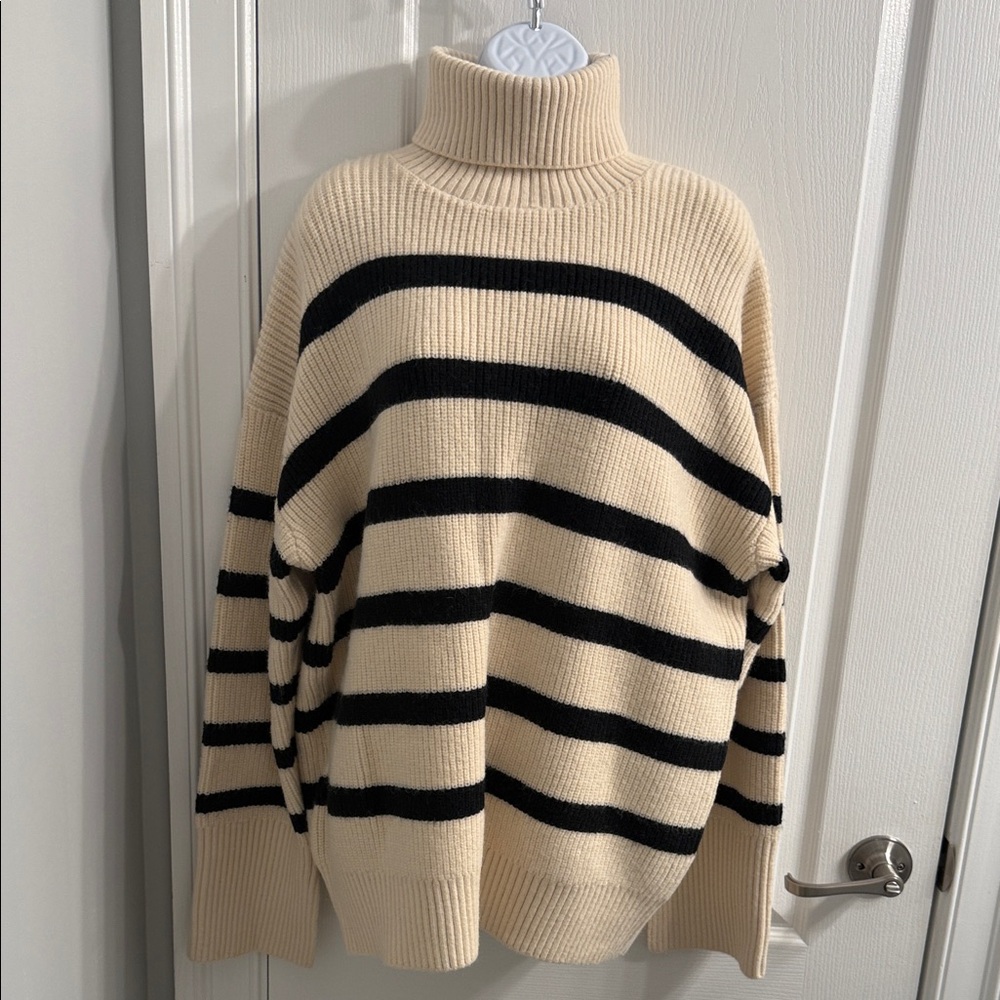 Striped Oversized Turtleneck Sweater - Cream and Black. NWT